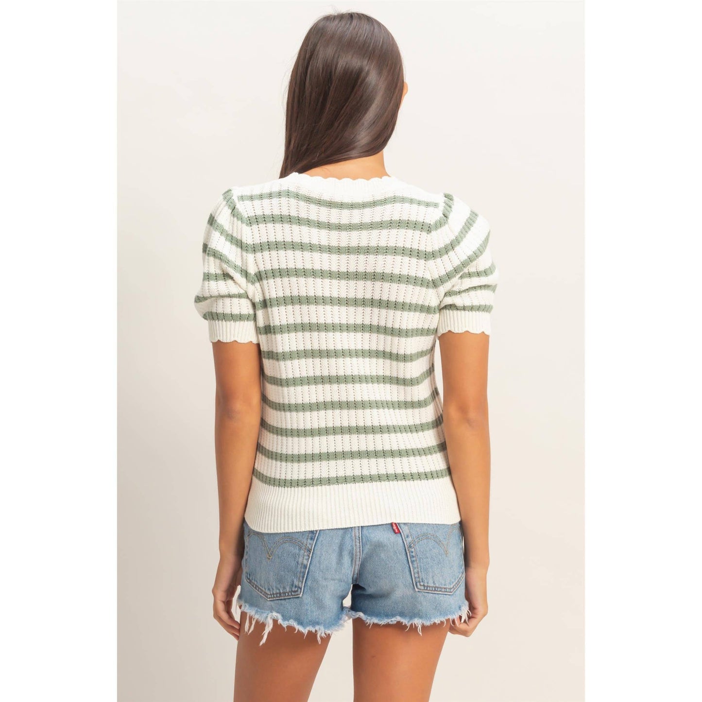 Striped Scallop Edge Puff Sleeve Knit Top: TAUPE / S-M-L(2-2-2)