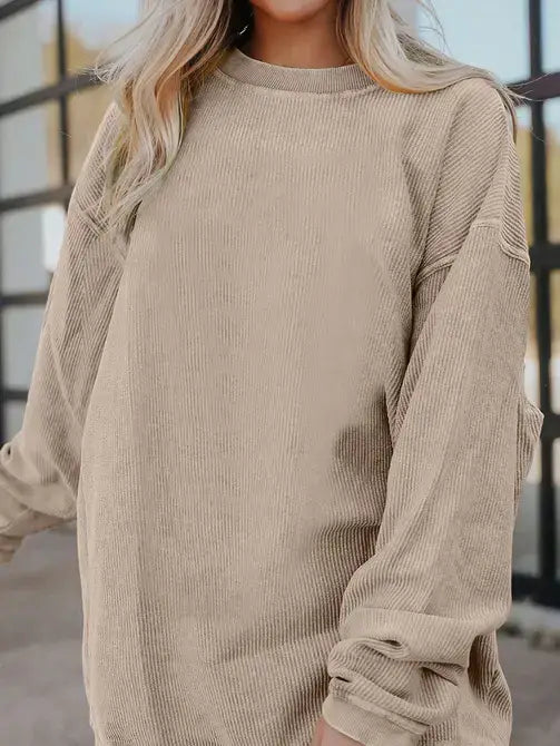 Orange Long Sleeve Ribbed Corded Oversized Sweatshirt: Orange / 100%Polyester / 2XL