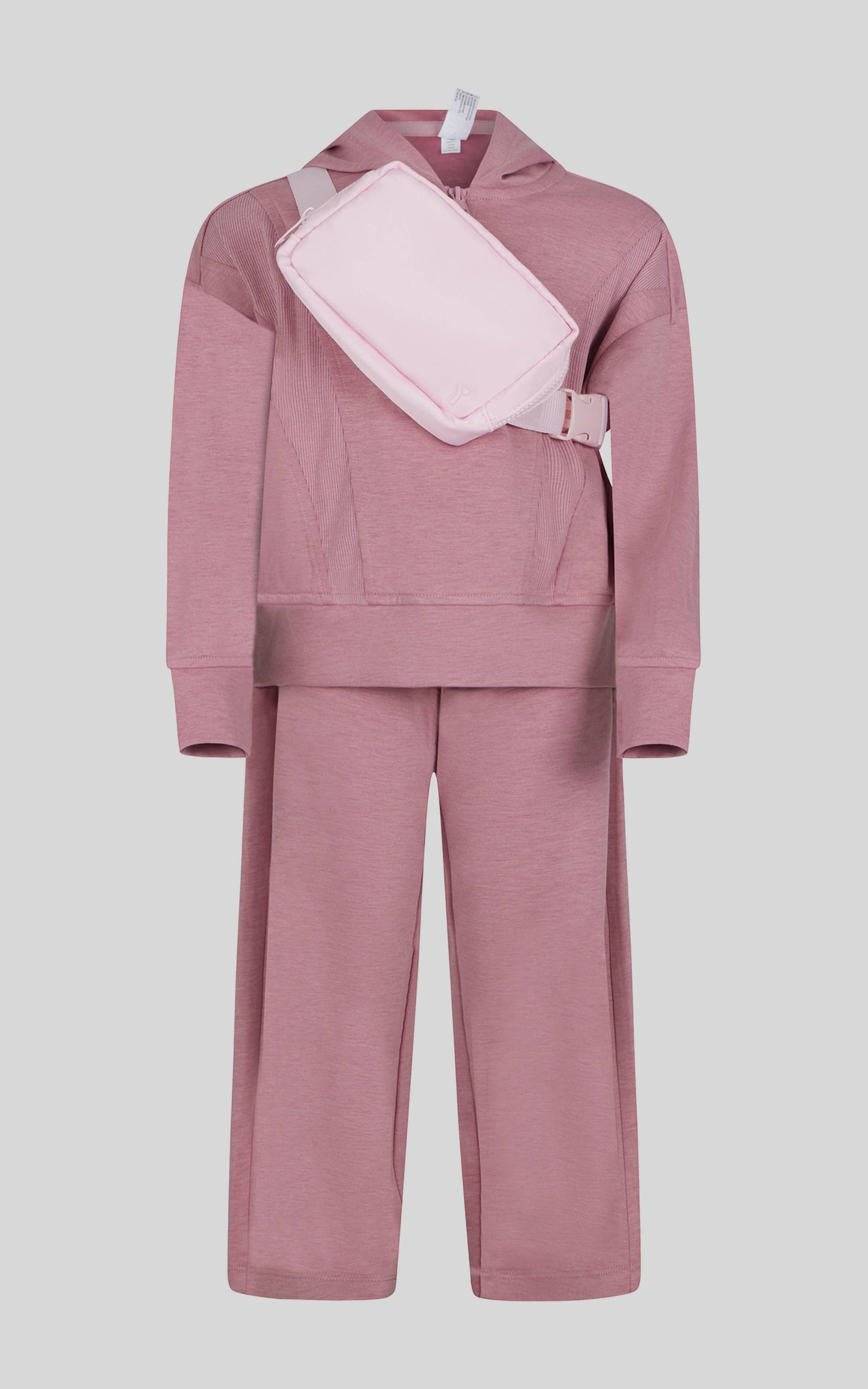 Little Girls Half Zip Hoodie, Wide Leg Pant, Fanny Bag  Set: HTR.LT.GREY/SPICY RED