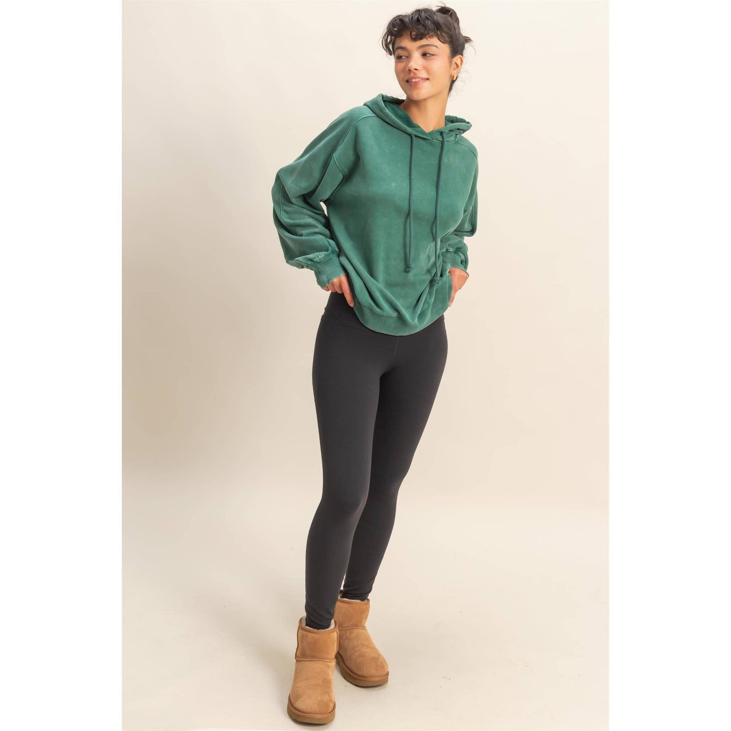 Mineral Washed Seam Detail Hoodie: DARK GREEN / S-M-L(2-2-2)