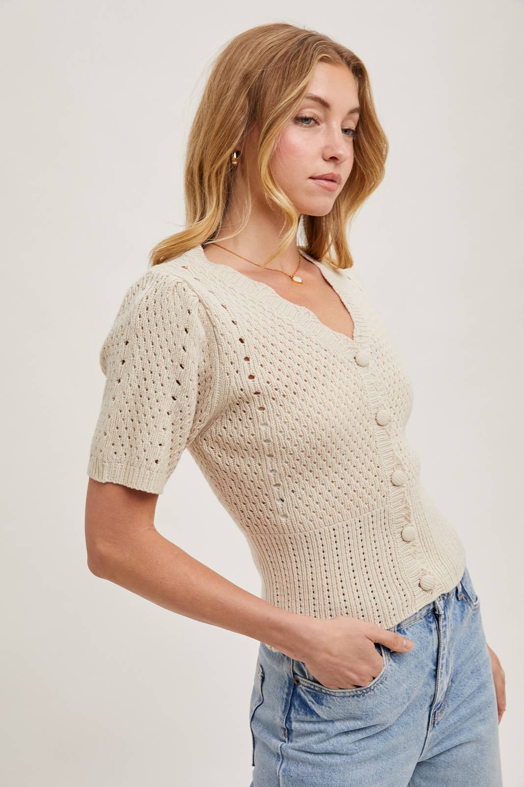 BUTTON DOWN SHORT SLEEVE KNIT CARDIGAN