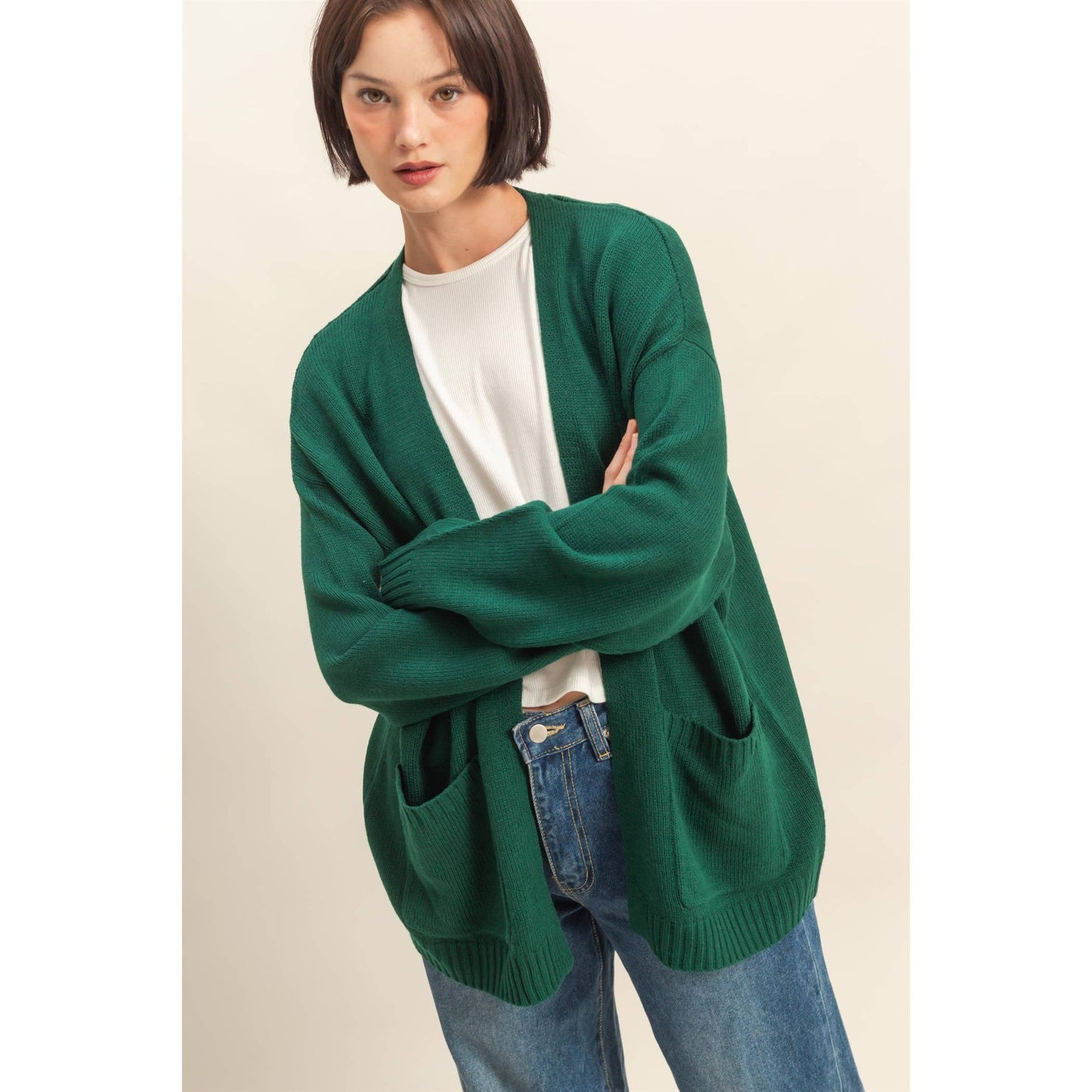 Oversized Open-Front Cardigan Sweater With Pockets: RED / S-M-L(2-2-2)