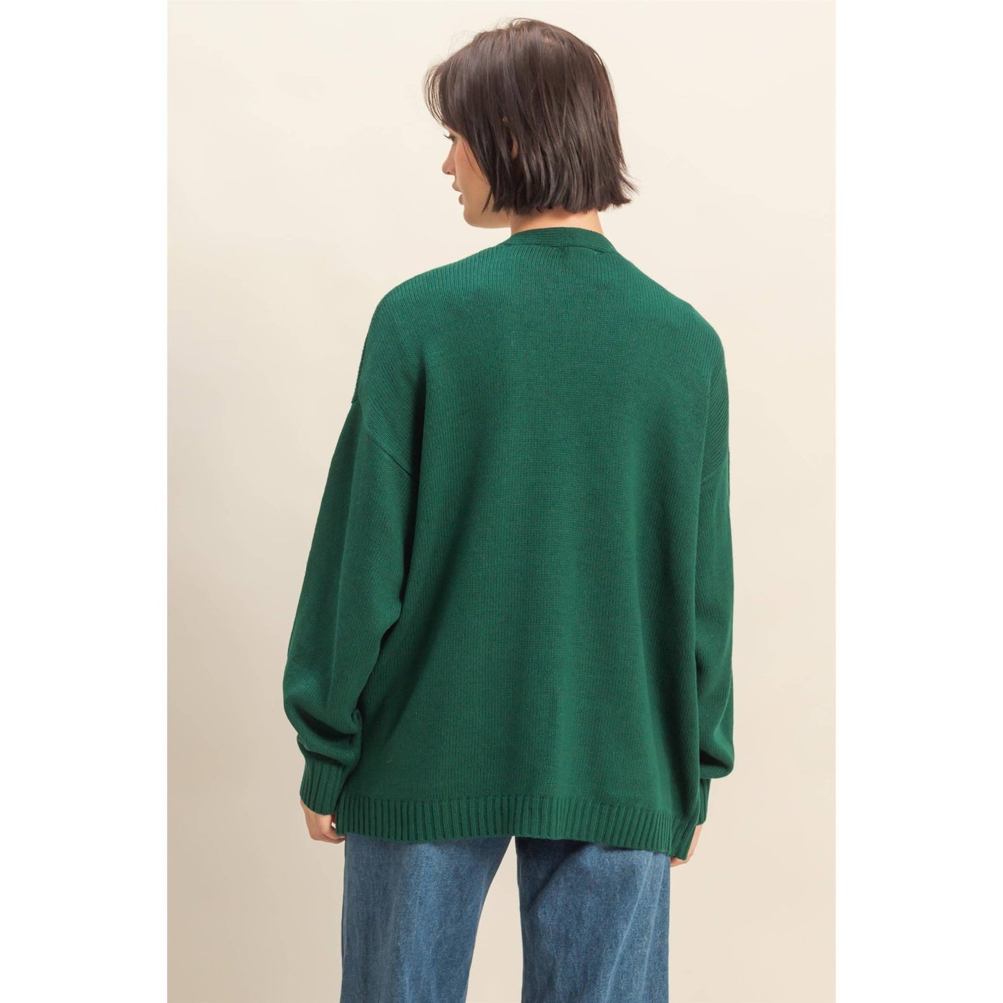 Oversized Open-Front Cardigan Sweater With Pockets: RED / S-M-L(2-2-2)