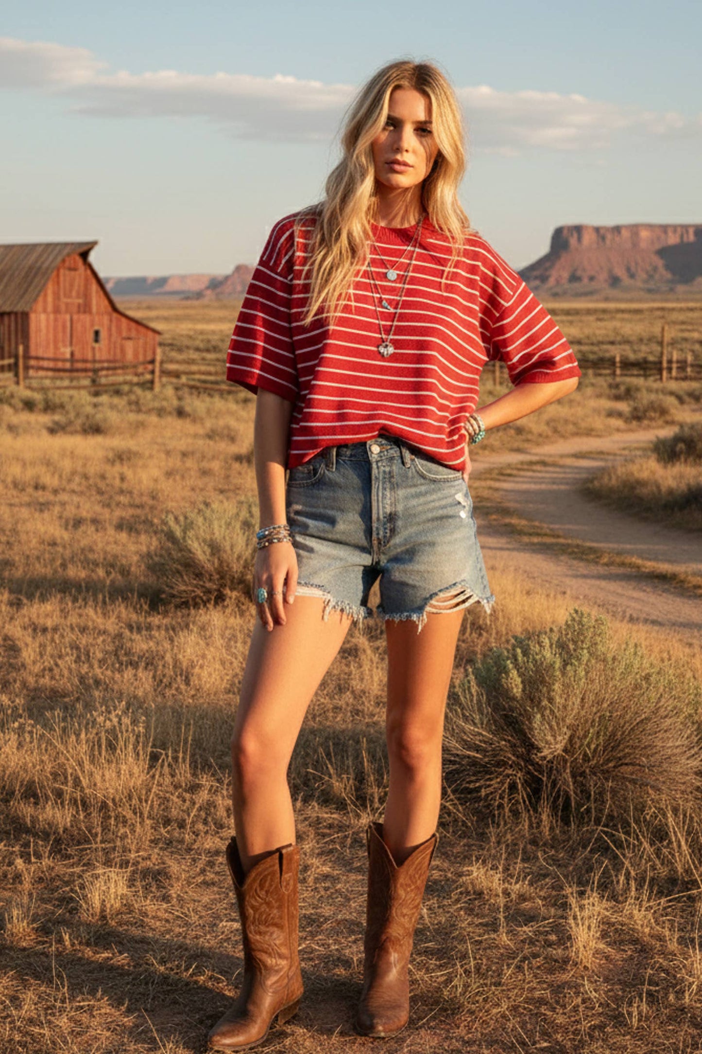 Oversized Striped Knit Short Sleeve Top: TAUPE/WHITE / M