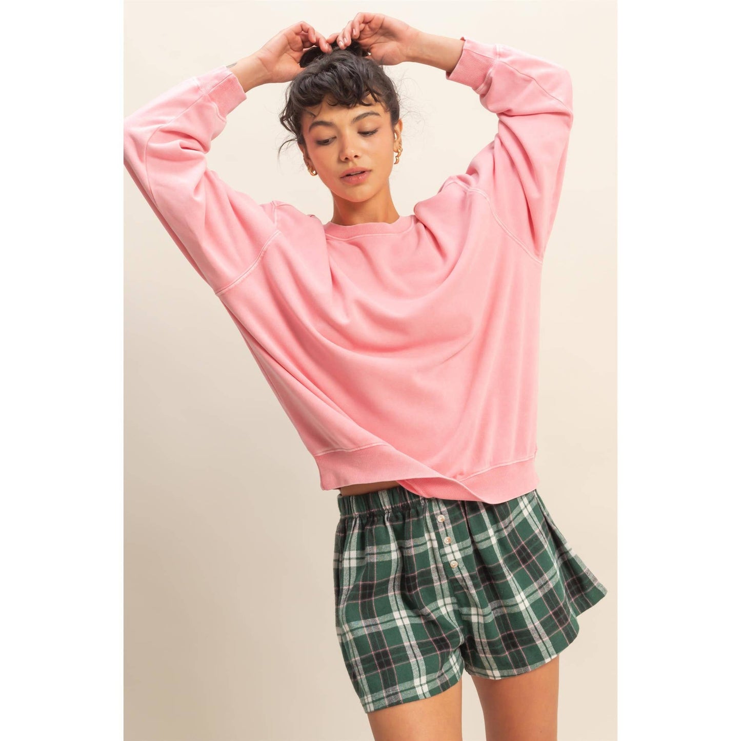 Oversized Mineral Washed Sweatshirt: TAFFY PINK / S-M-L(2-2-2)