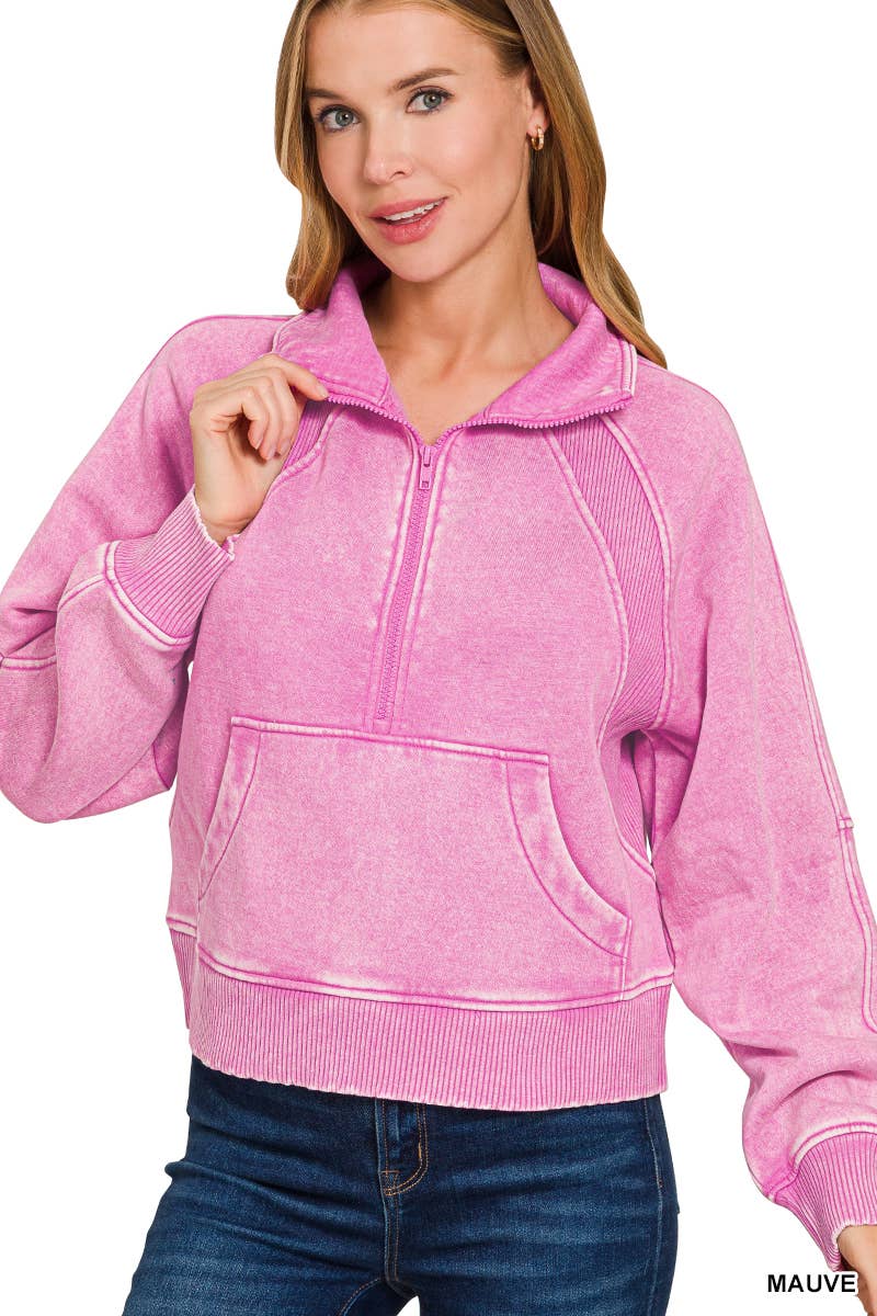 Acid Washed Half Zip Fleece Pullover Kangaroo Pocket: MAUVE / 2-2-2 (S-M-L)