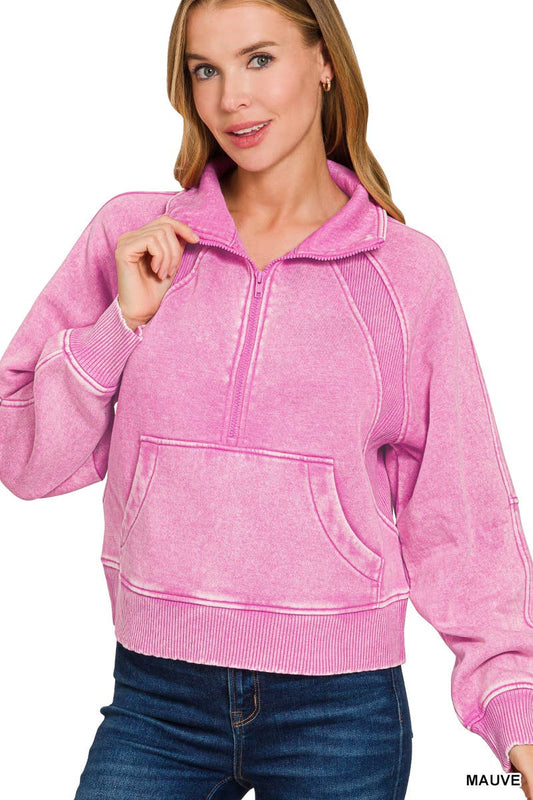 Acid Washed Half Zip Fleece Pullover Kangaroo Pocket: 2-2-2 (S-M-L)