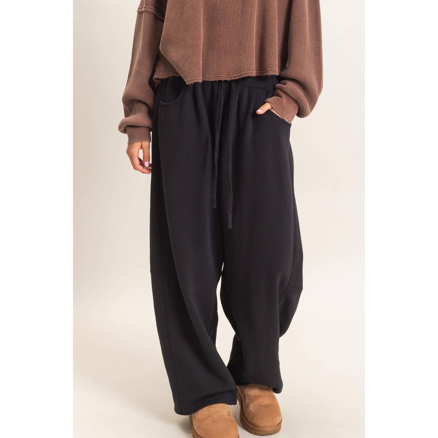 Drawstring Waist Barrel Sweatpants: BLACK / S-M-L(2-2-2)