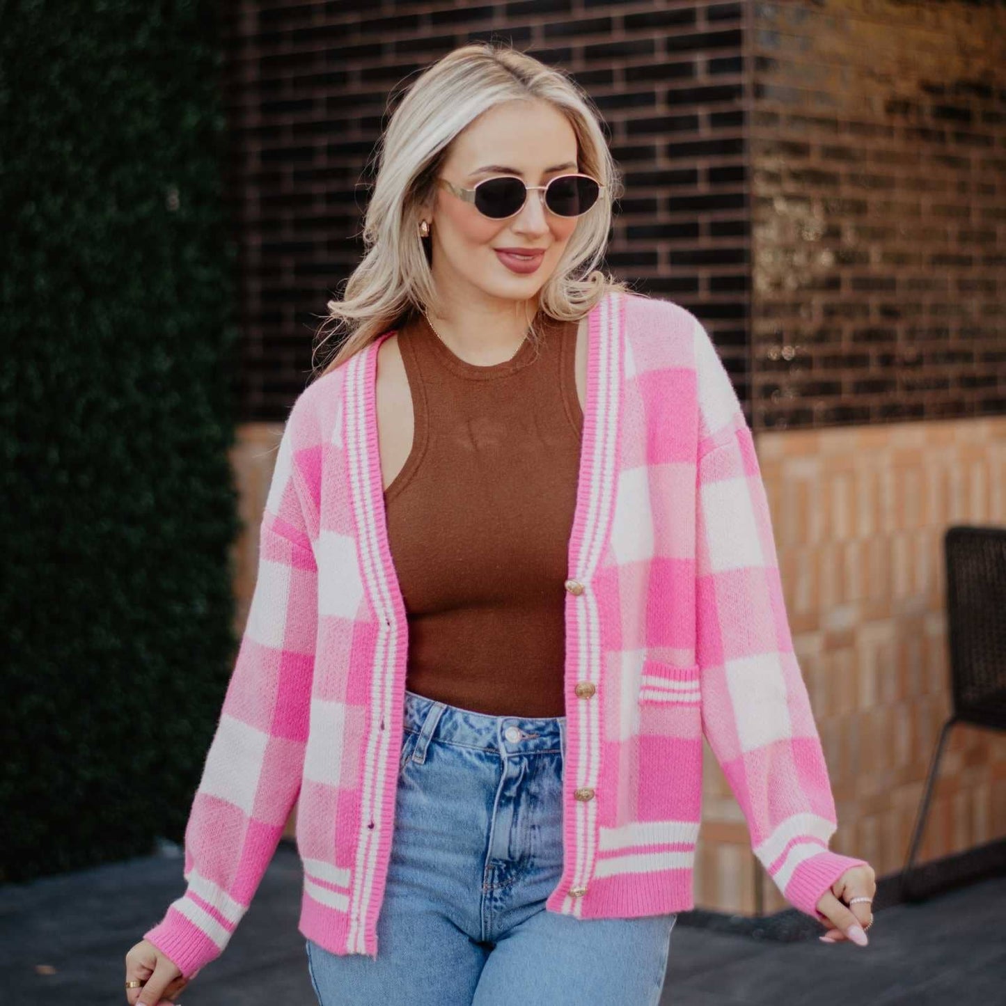 Open Front Plaid Cardigan