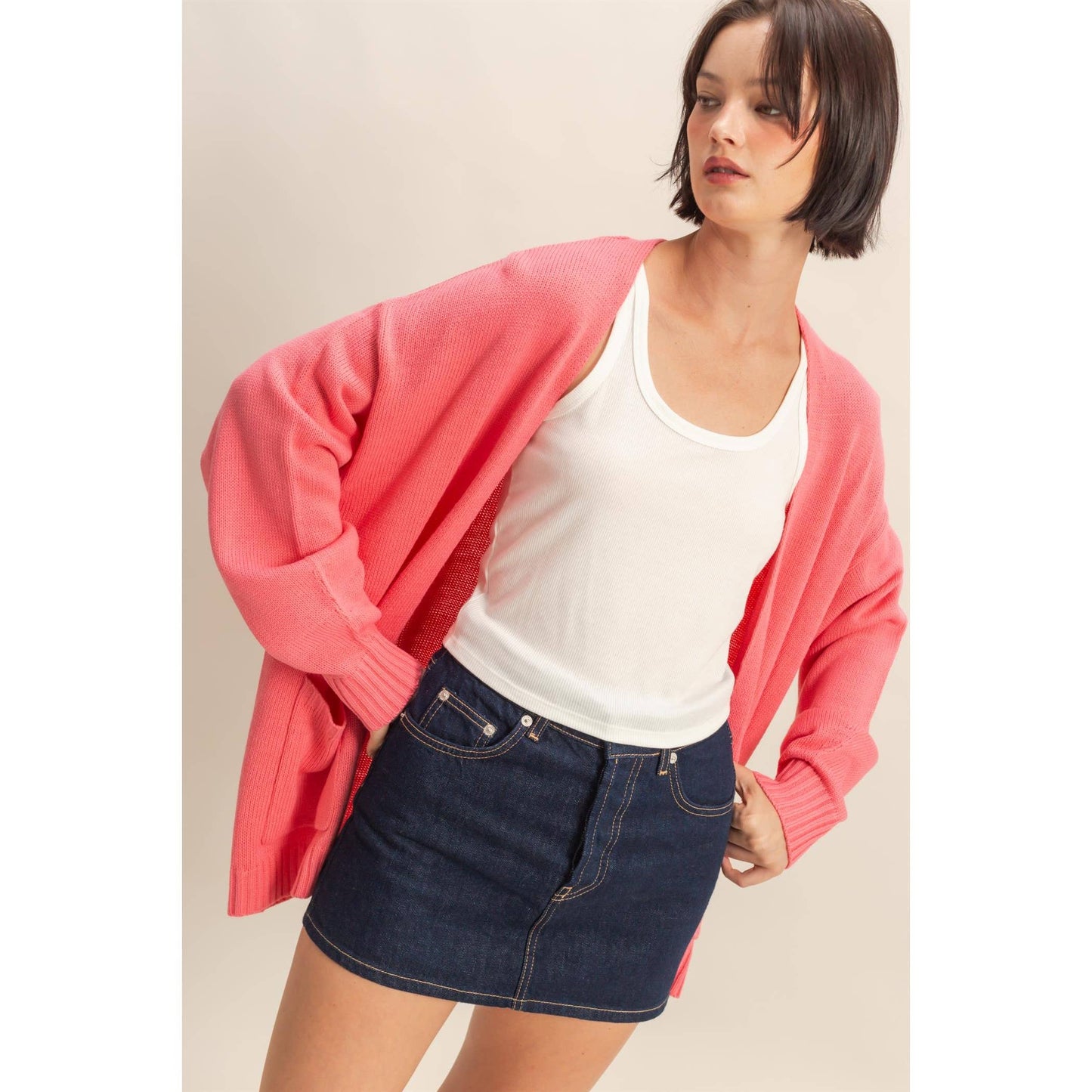 Oversized Open-Front Cardigan Sweater With Pockets: RED / S-M-L(2-2-2)