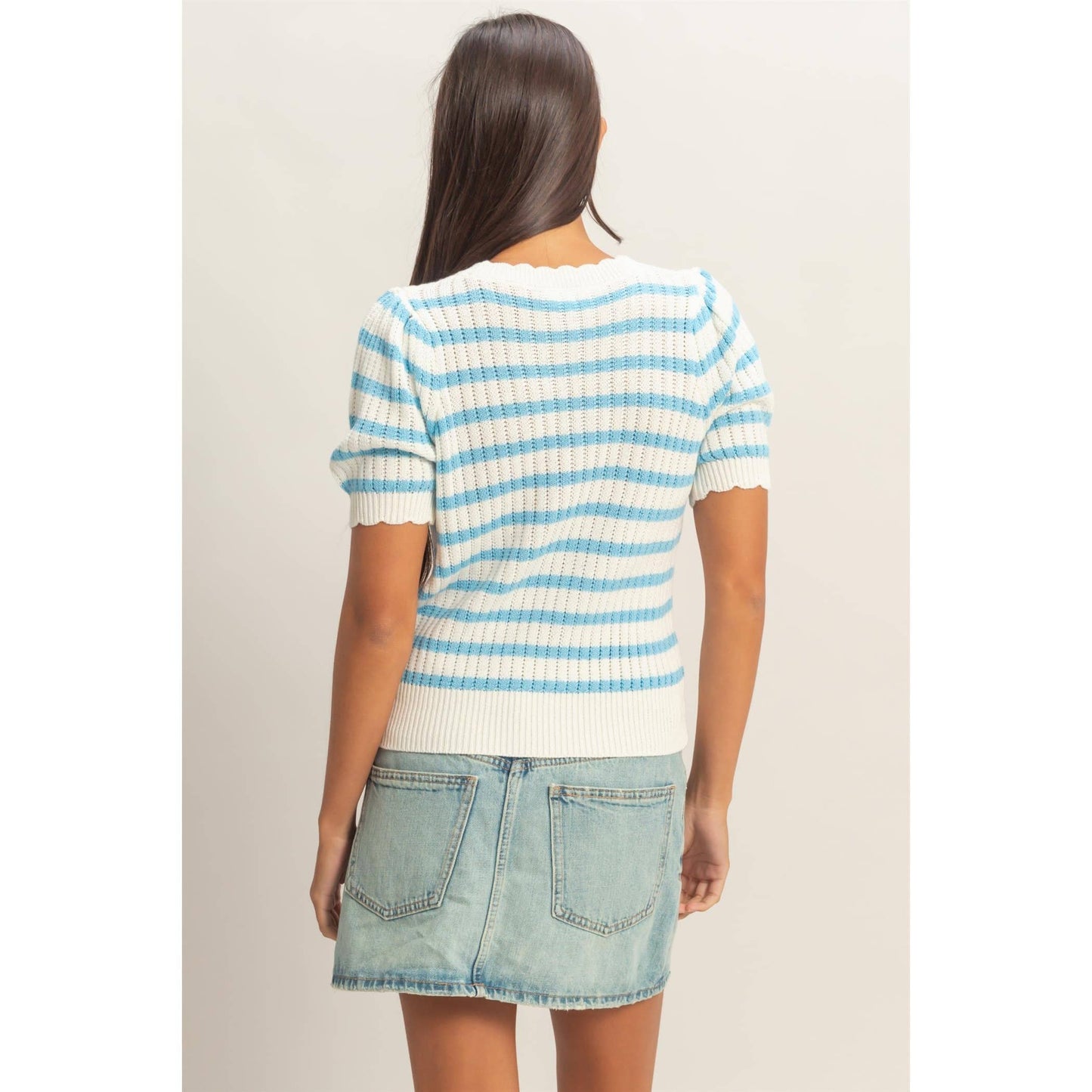 Striped Scallop Edge Puff Sleeve Knit Top: TAUPE / S-M-L(2-2-2)