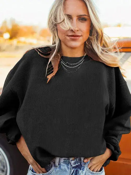 Orange Long Sleeve Ribbed Corded Oversized Sweatshirt: Orange / 100%Polyester / 2XL