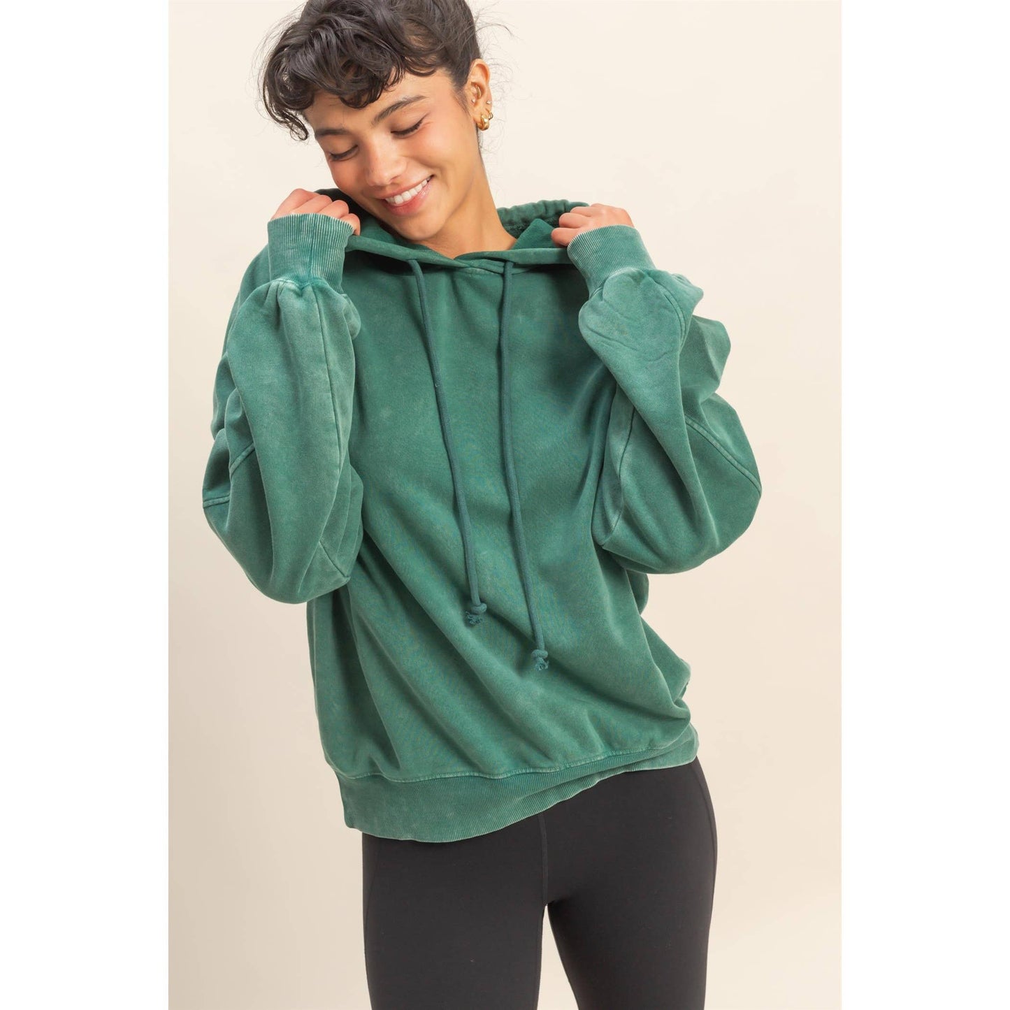Mineral Washed Seam Detail Hoodie: DARK GREEN / S-M-L(2-2-2)