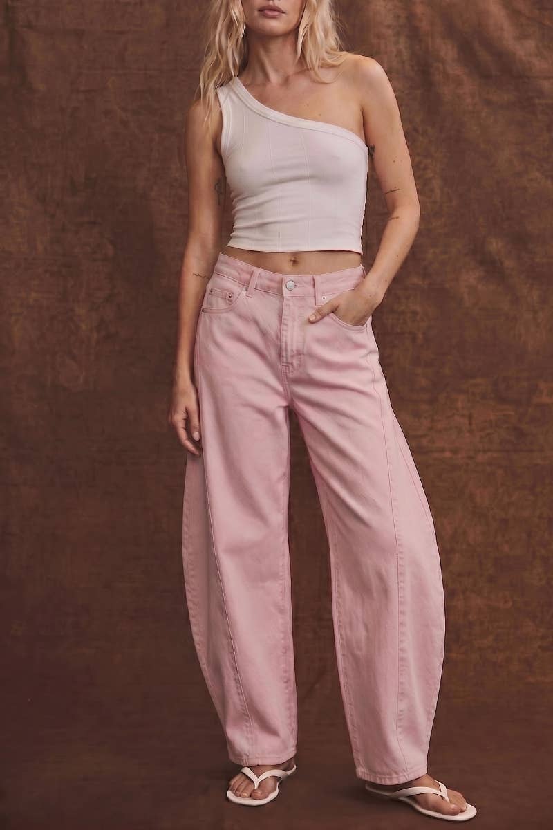 HIGH RISE PINK BARREL JEANS: Pink
