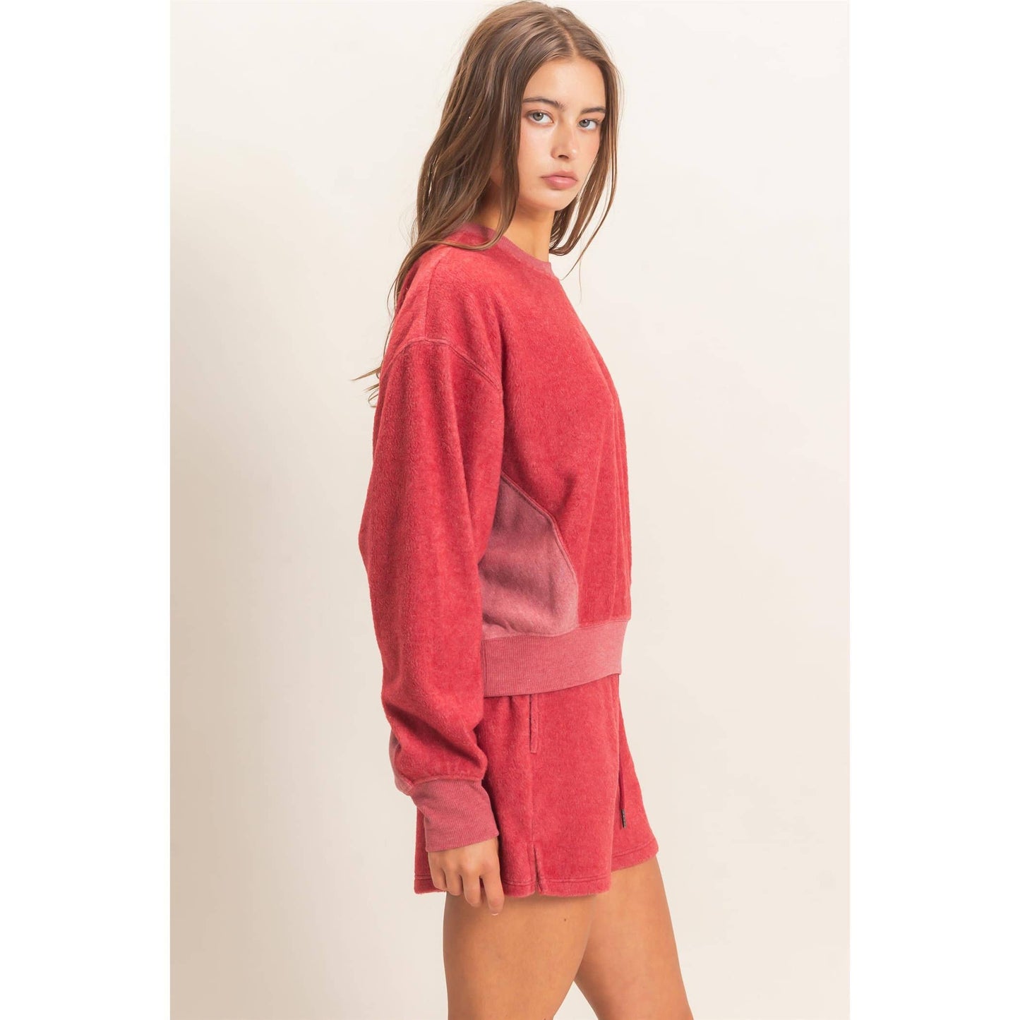 Contrast Sweatshirt & Shorts Set: DARK TEAL / S-M-L(2-2-2)