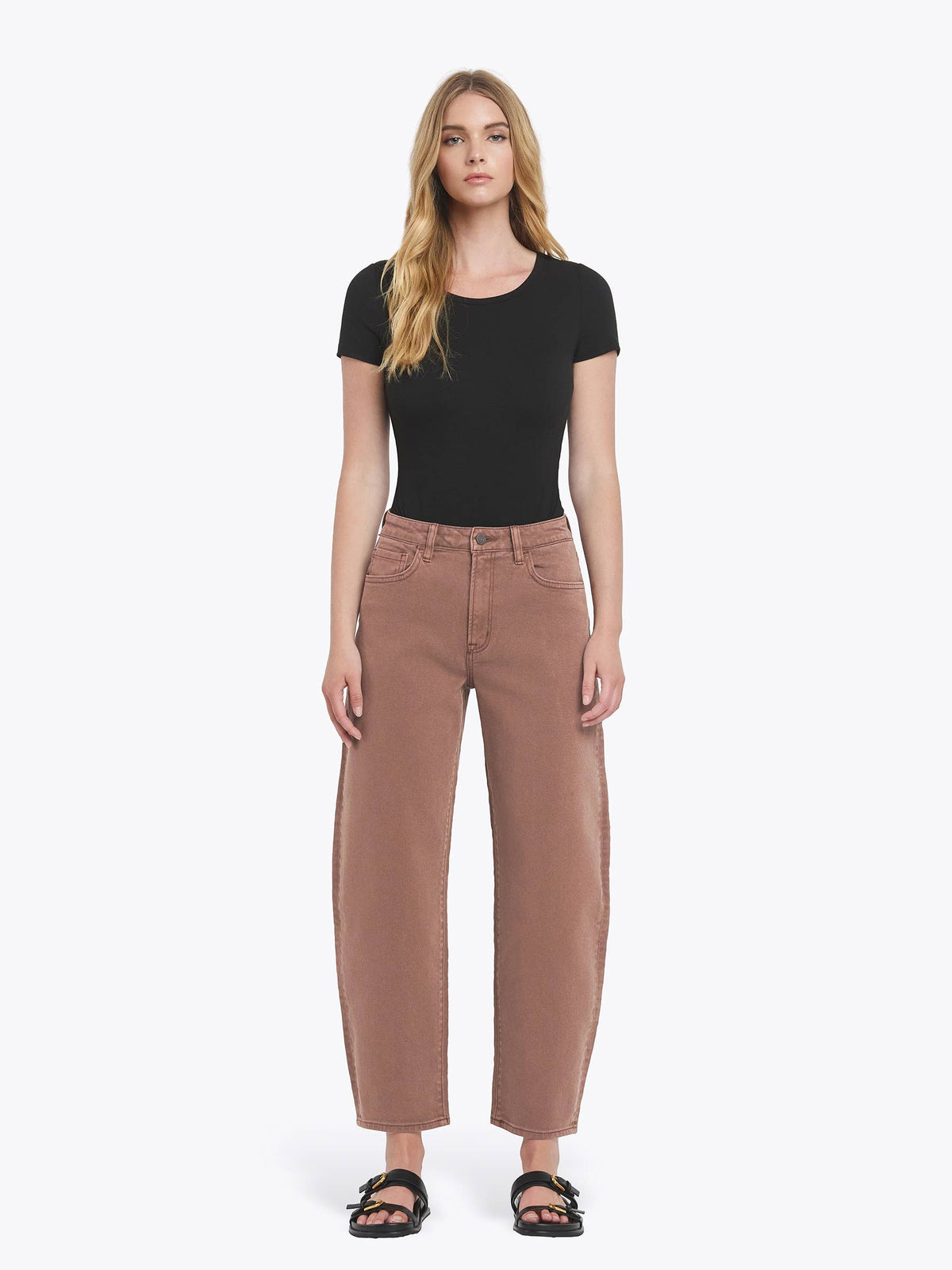 SUPER HIGH RISE BROWN SLIM BARREL JEANS