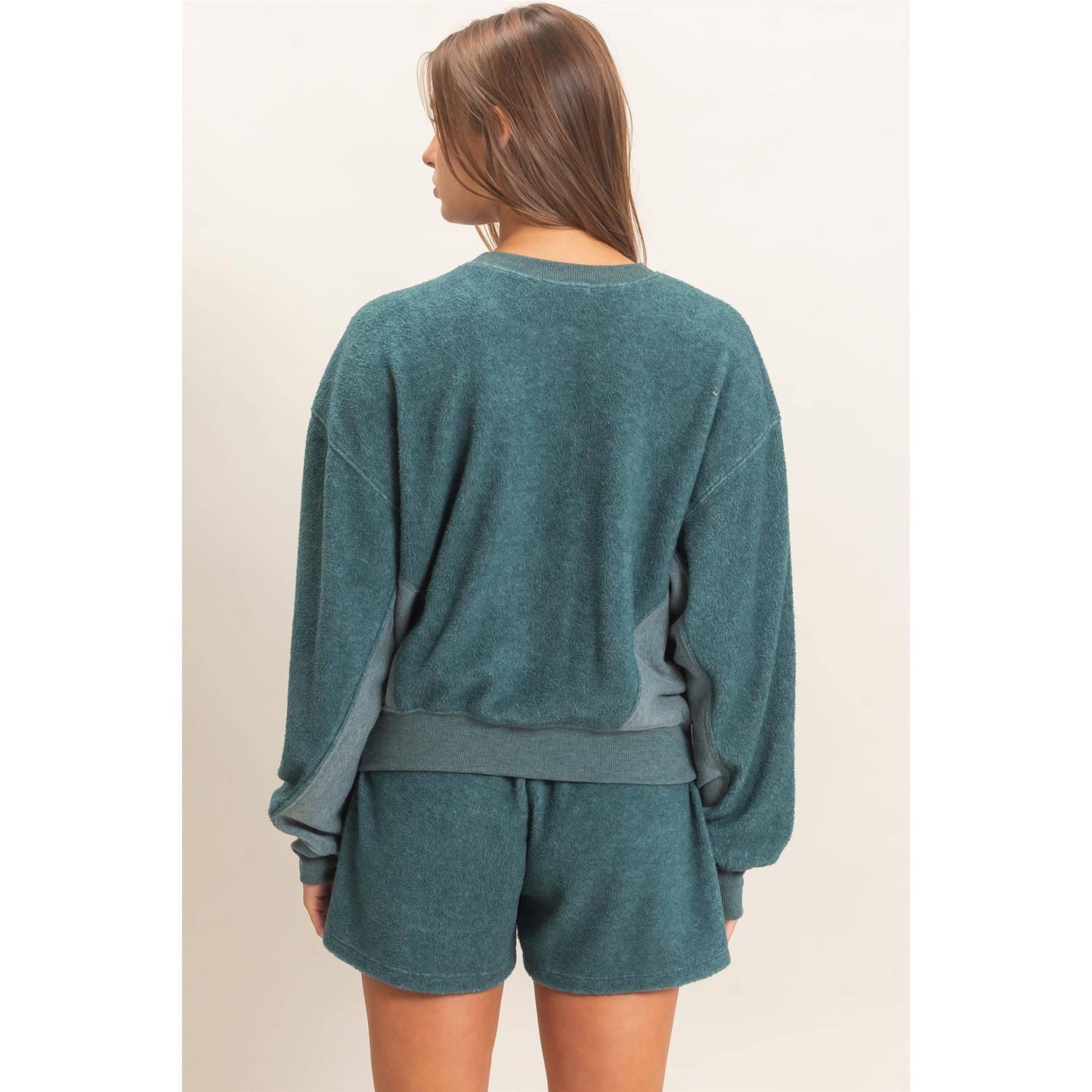 Contrast Sweatshirt & Shorts Set: DARK TEAL / S-M-L(2-2-2)