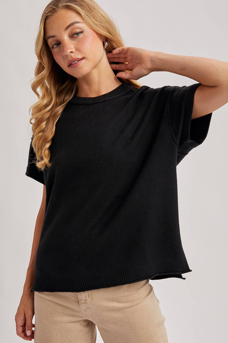 CREW NECK KNIT T-SHIRT: MOCHA