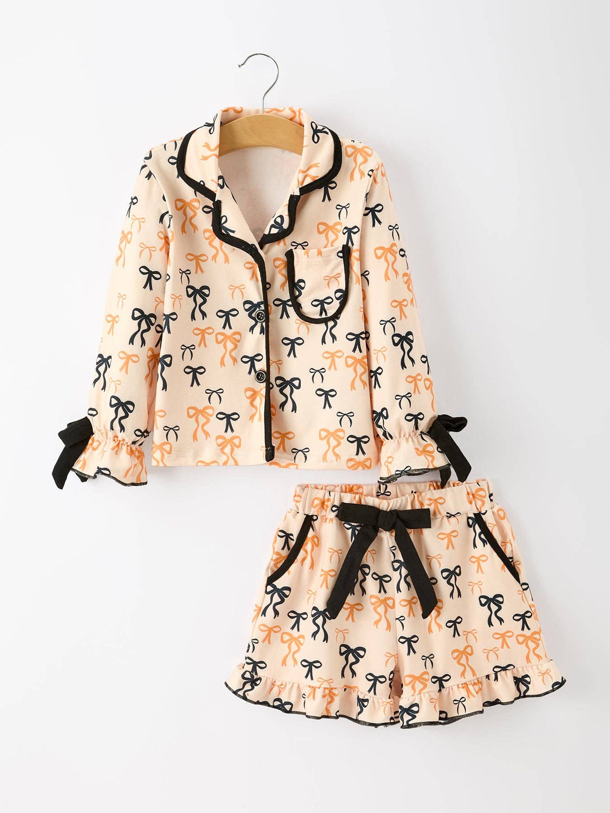 Halloween Bow Print Girls Pajama Set Long Sleeve Top and Shorts: 2