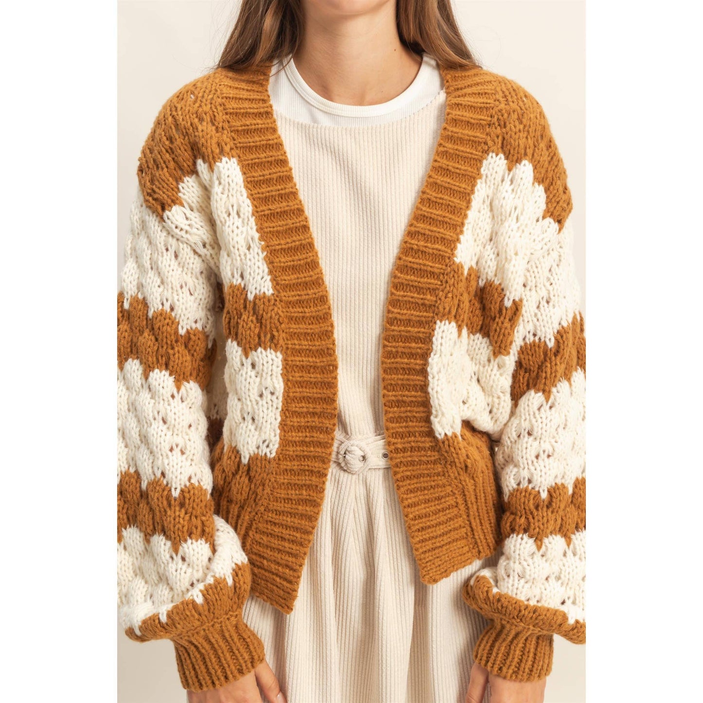 Oversized Cloud Pattern Knit Cardigan: D.GREEN / S-M-L(2-2-2)