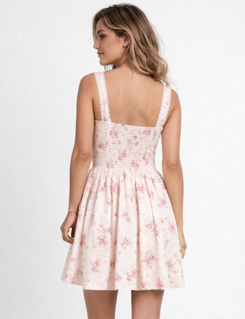 Ladies Boho Floral Square Neck Lace Trim Ruched Mini Dress: Light Yellow / L