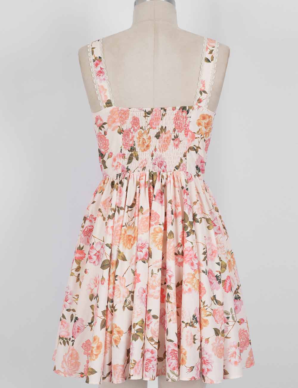 Ladies Boho Floral Square Neck Lace Trim Ruched Mini Dress: Light Yellow / L