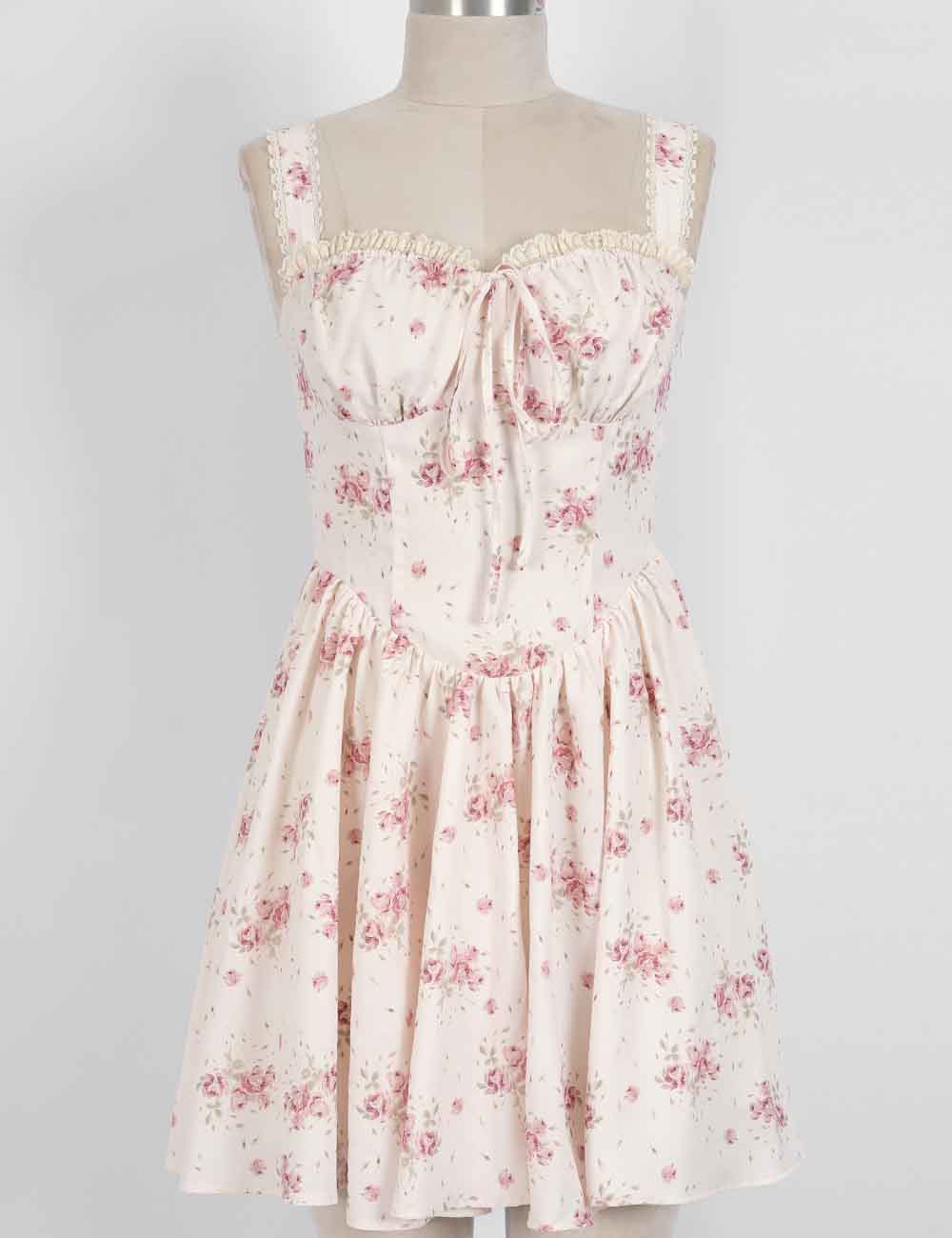 Ladies Boho Floral Square Neck Lace Trim Ruched Mini Dress: Light Yellow / L