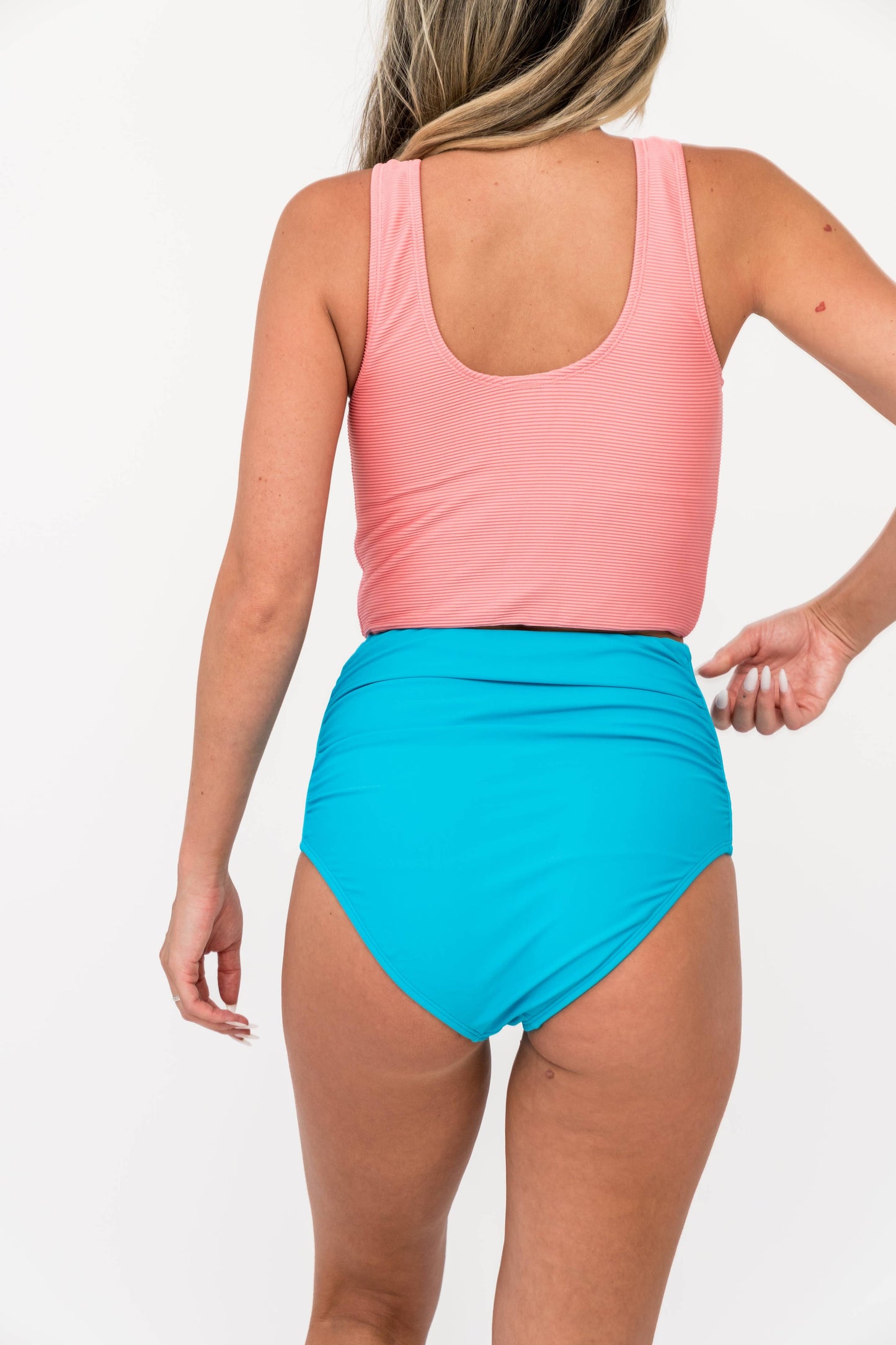 Blue High Waist Ruched Swim Bottoms