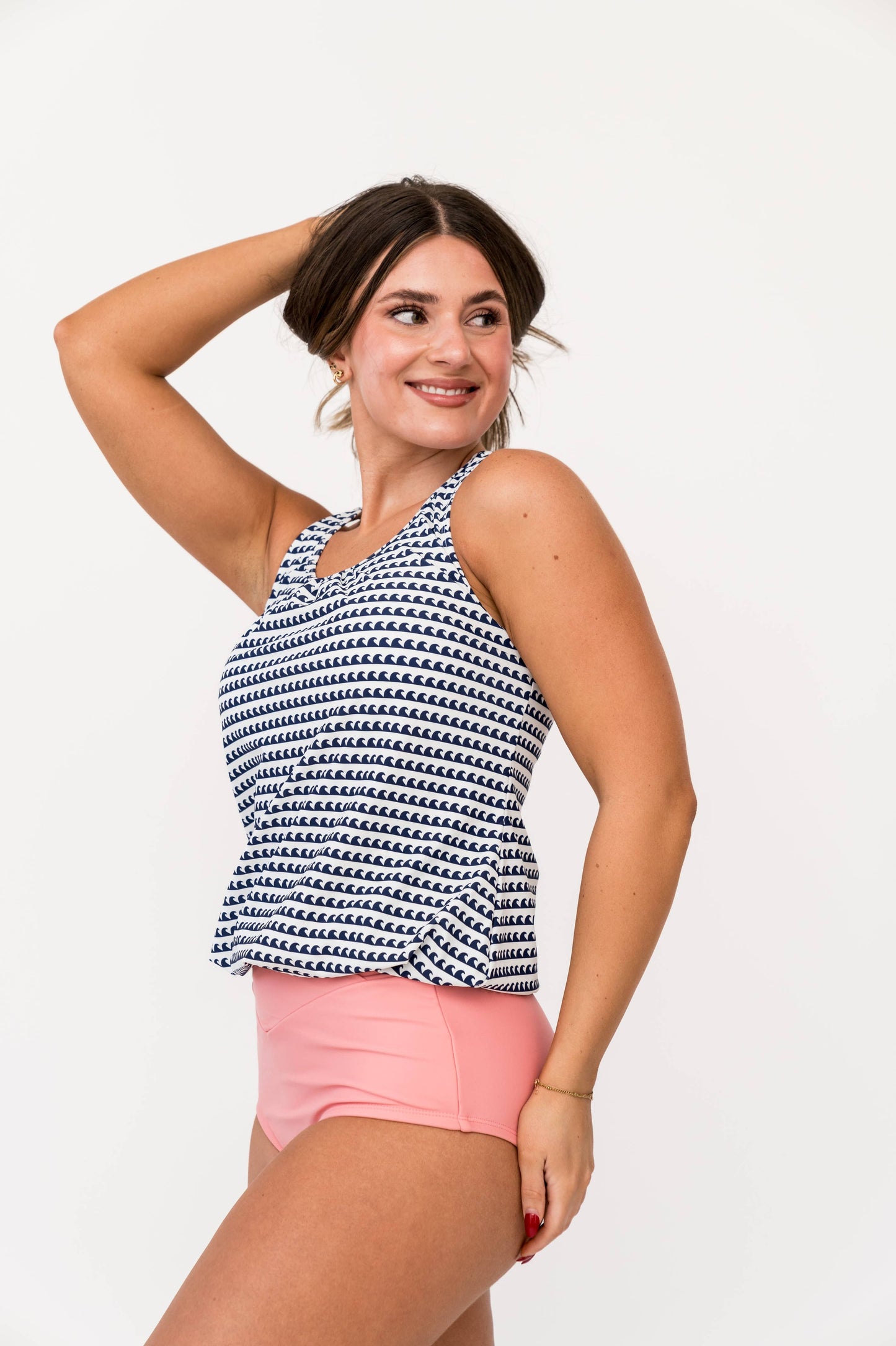 Seaside Navy Long Tankini Top w/ Banded Hem: Small