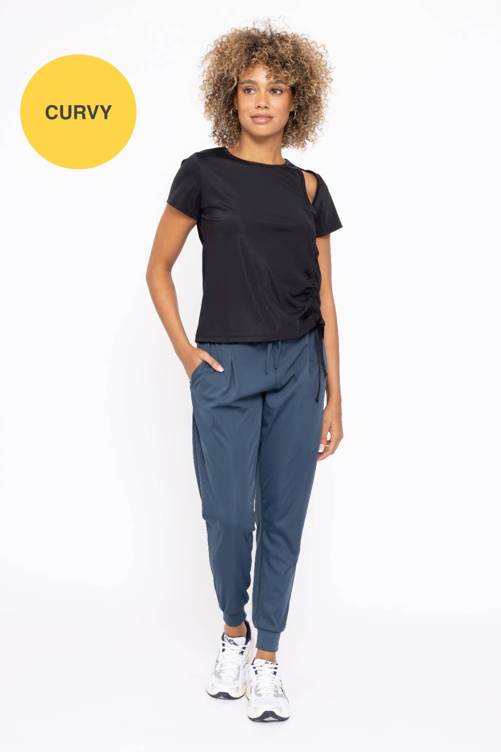 CURVY Solid Pleated Front Joggers: MIDNIGHT NAVY