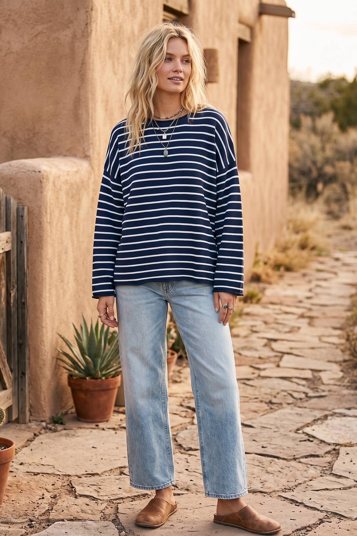 Oversized Lightweight Striped Sweater: HEATHER OATMEAL