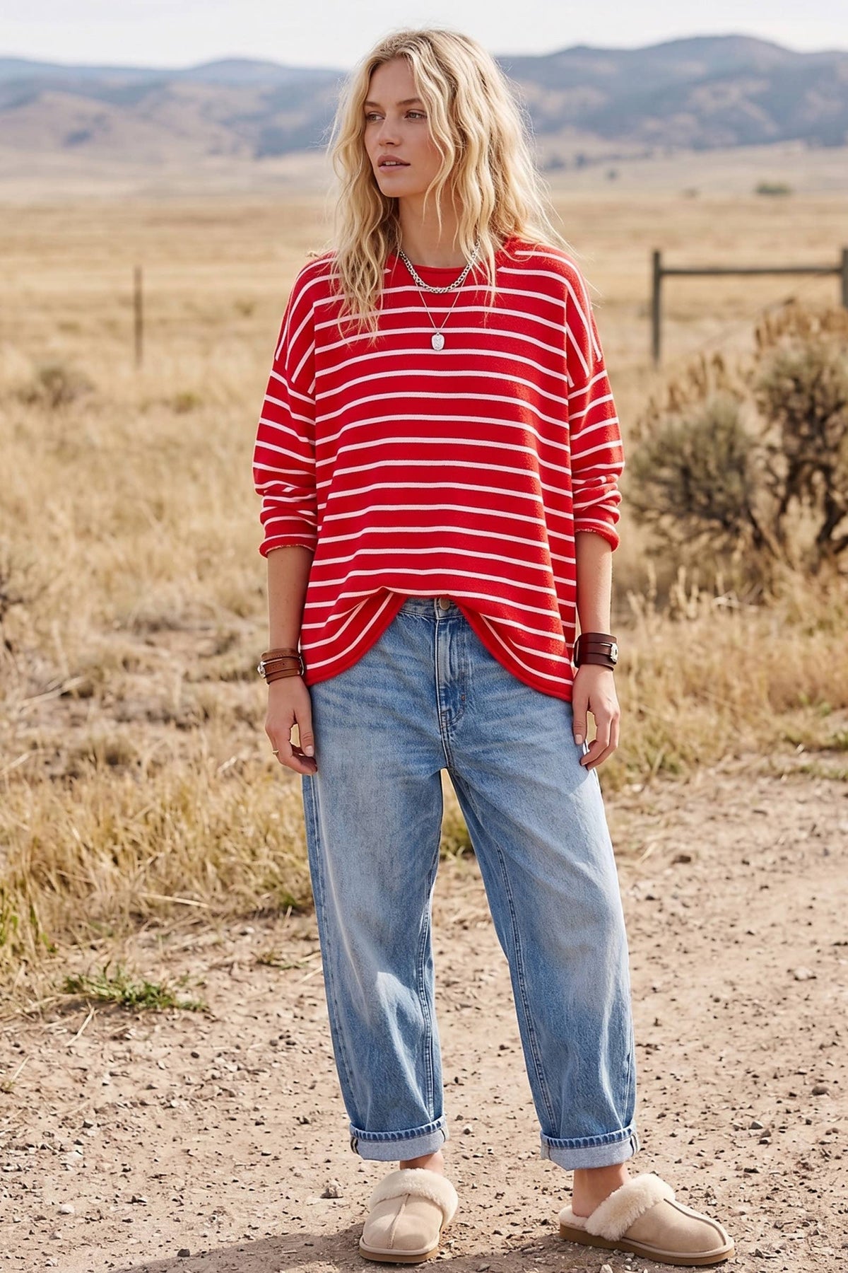 Oversized Lightweight Striped Sweater: HEATHER OATMEAL