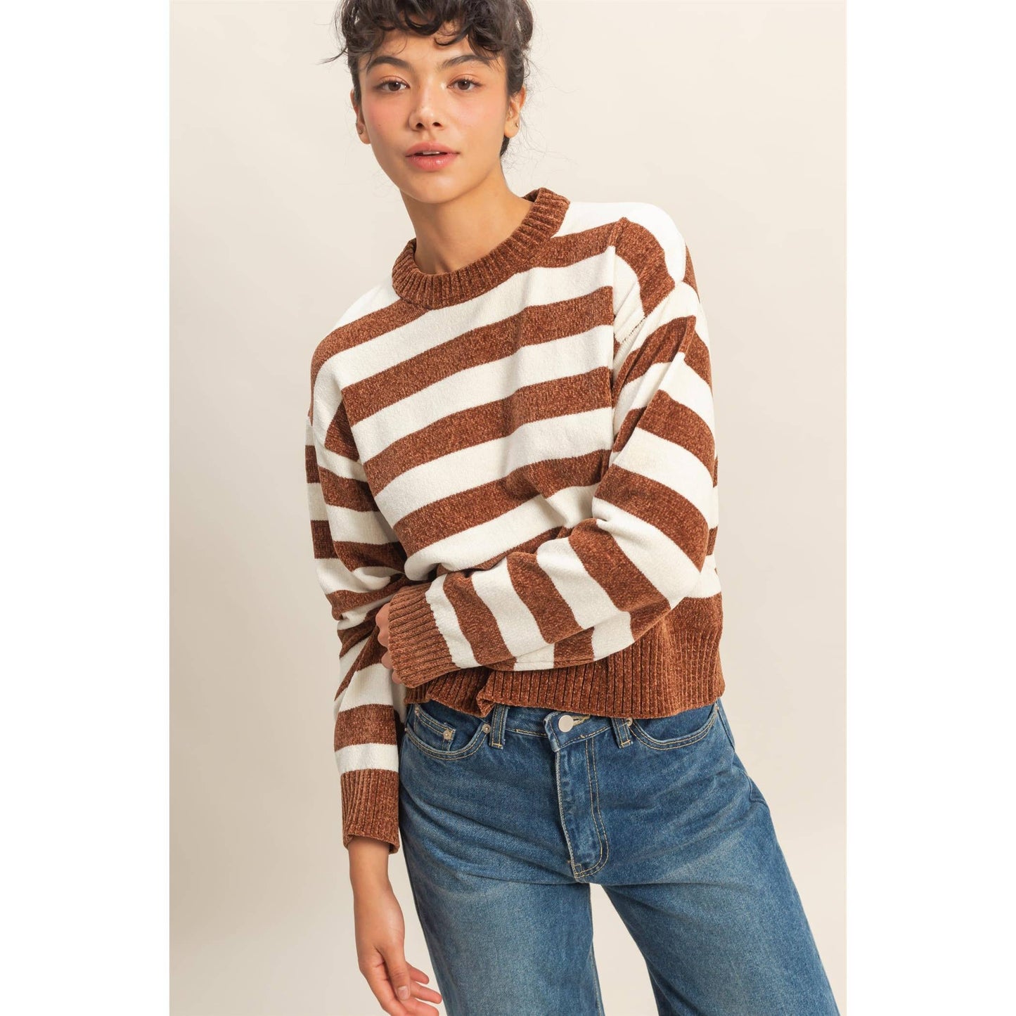 Striped Sweater With Ribbed Edge: DEEP GREEN/WHIP CREAM / S-M-L(2-2-2)