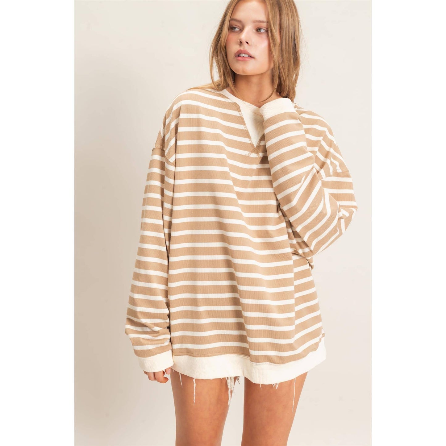Striped Long Sleeve Pullover: GREEN/CREAM / S-M-L(2-2-2)
