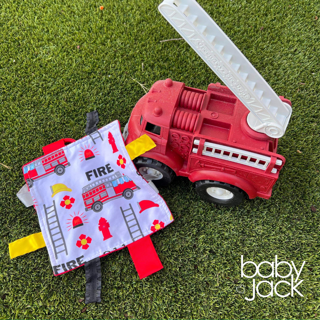 Firefighter Rescue Firetrucks Learning Lovey Crinkle Tag Sensory Toy 8"x8"