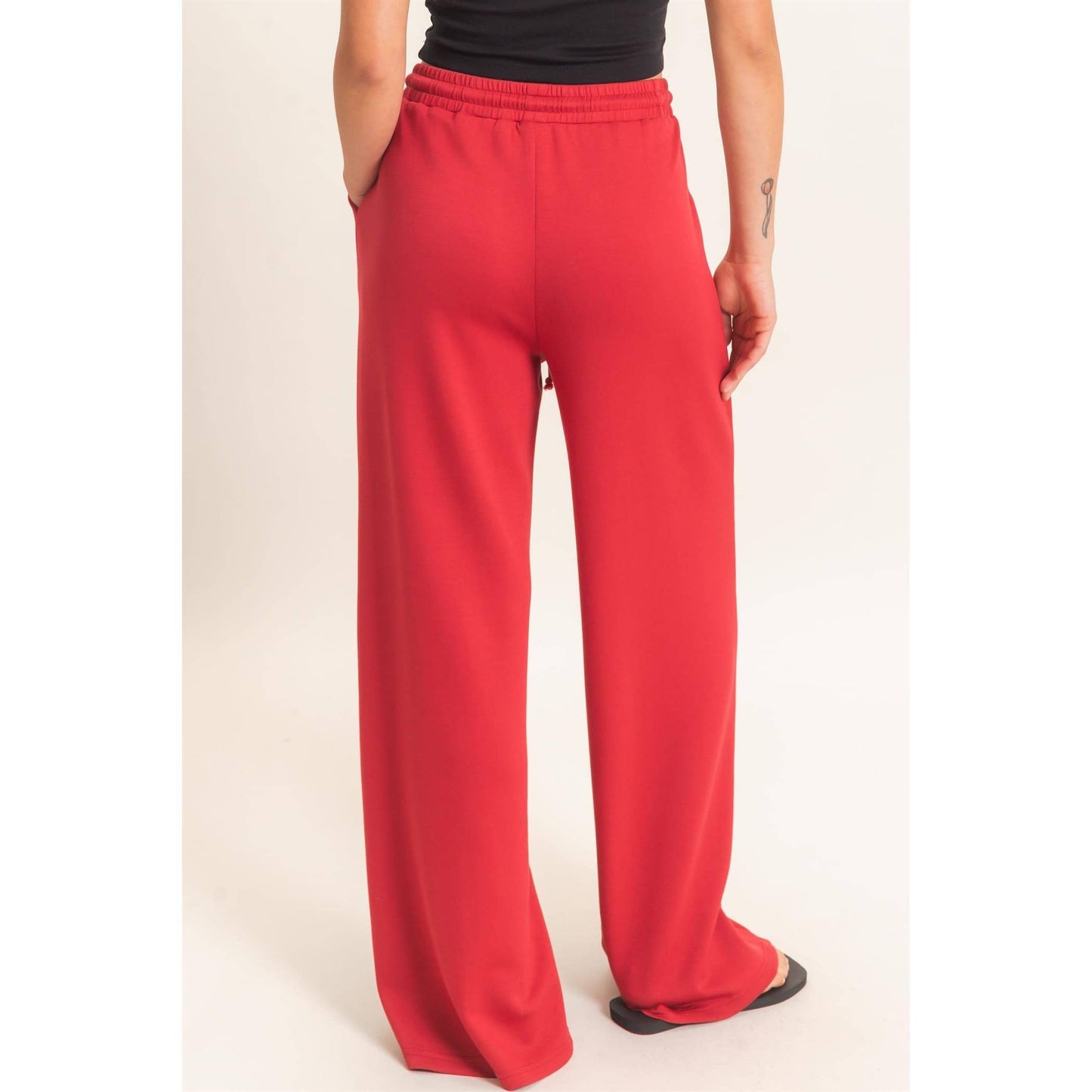Drawstring Waist Pintuck Wide Leg Pants: DARK RED / S-M-L(2-2-2)