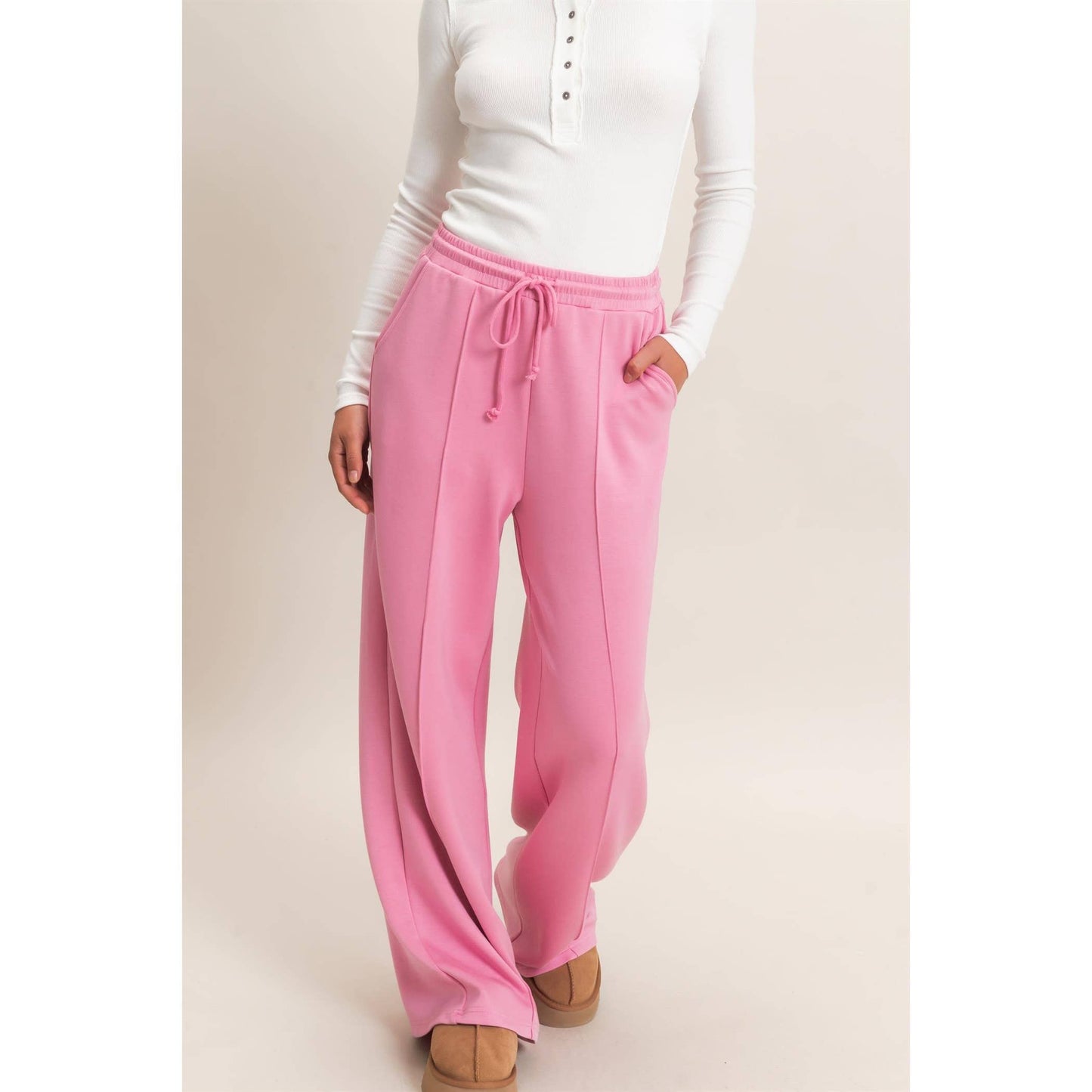 Drawstring Waist Pintuck Wide Leg Pants: DARK RED / S-M-L(2-2-2)