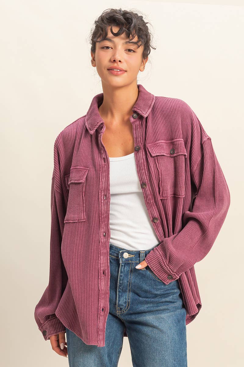 Oversized Mineral Washed Waffle Button Up Shacket: DEEP GREEN / S-M-L(2-2-2)