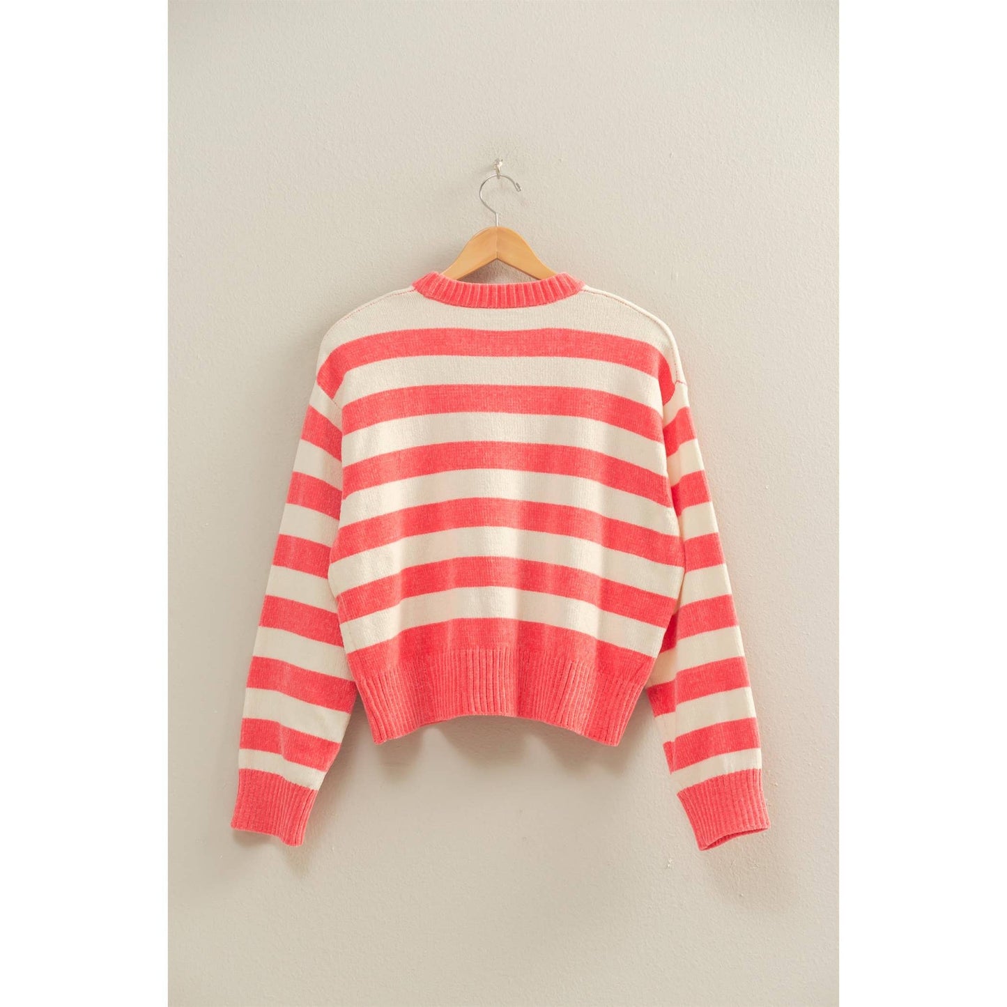 Striped Sweater With Ribbed Edge: DEEP GREEN/WHIP CREAM / S-M-L(2-2-2)