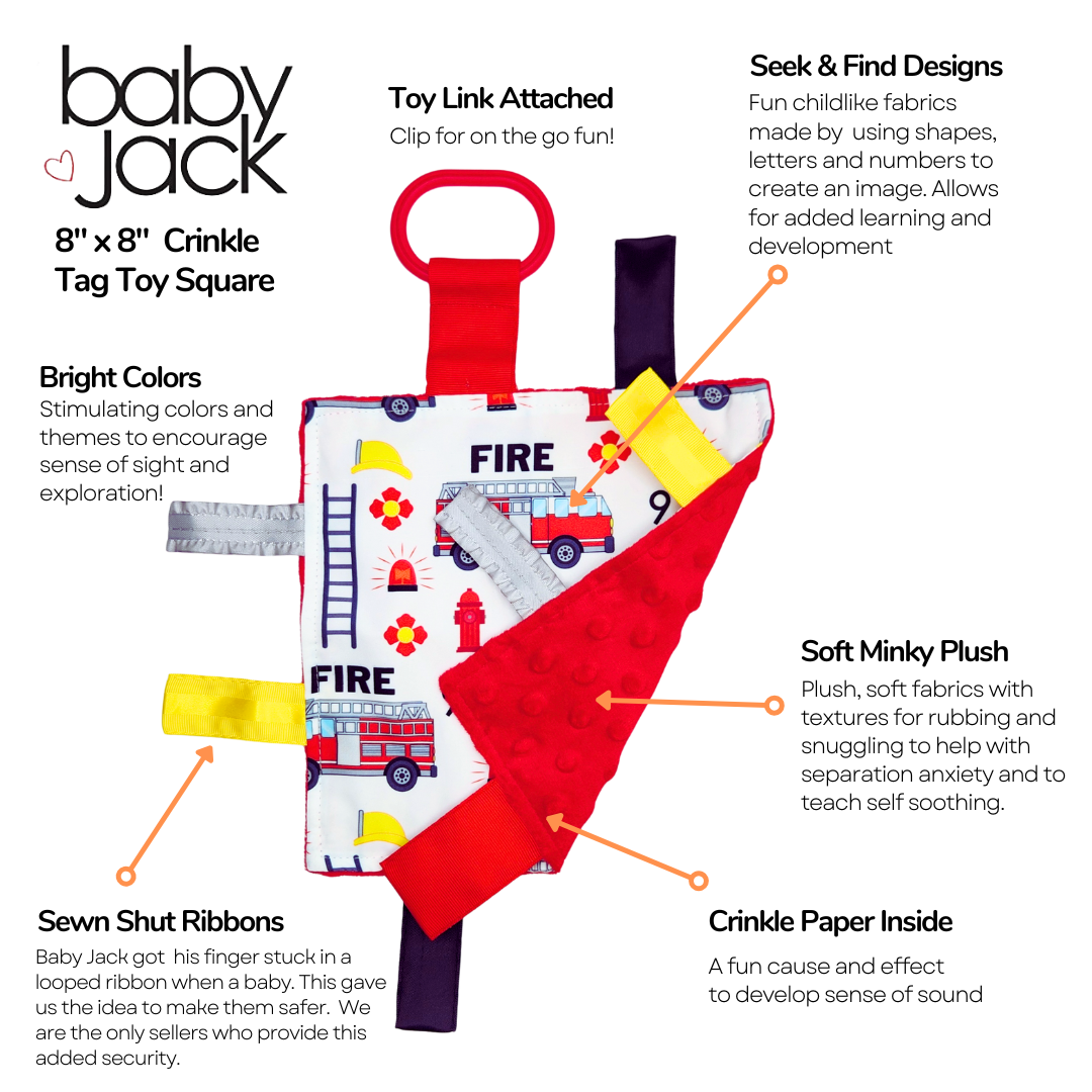 Firefighter Rescue Firetrucks Learning Lovey Crinkle Tag Sensory Toy 8"x8"