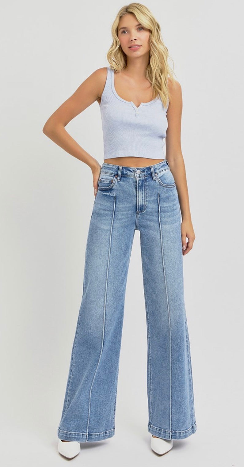 RISEN JEANS HIGH WAIST WIDE LEG PINTUCK DETAILED JEANS