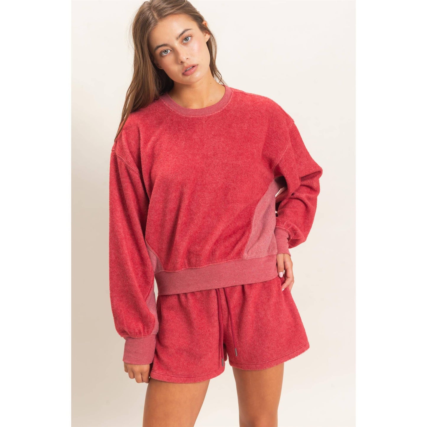 Contrast Sweatshirt & Shorts Set: DARK TEAL / S-M-L(2-2-2)