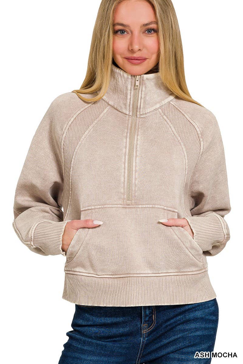 Acid Washed Half Zip Fleece Pullover Kangaroo Pocket: MAUVE / 2-2-2 (S-M-L)