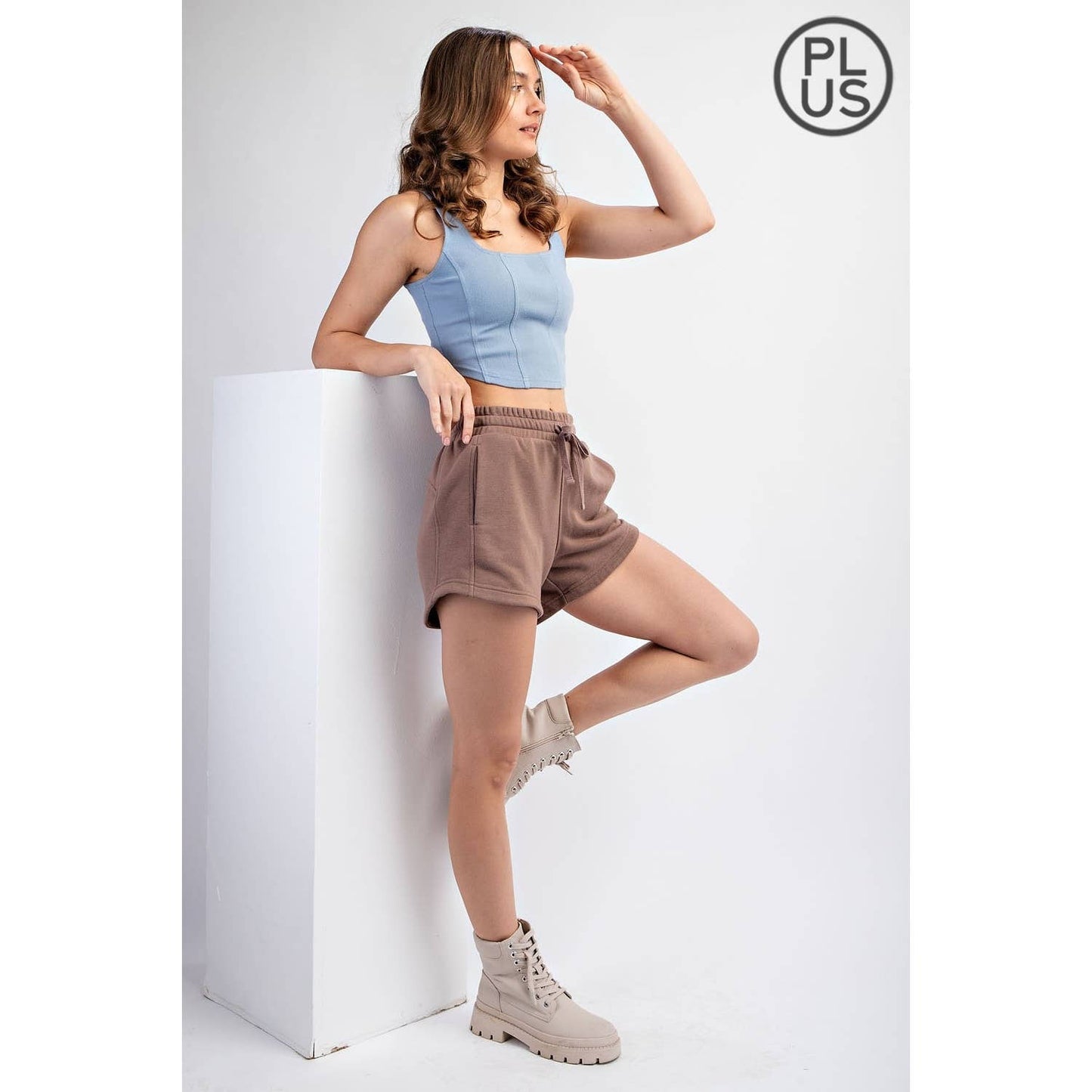 PLUS SIZE FRENCH TERRY BASIC SHORT: Lt Taupe / 1X-2X-3X(3-2-1)