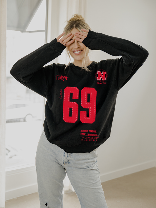 Nebraska Huskers Crest Stamp Black Thrifted Sweatshirt: XL