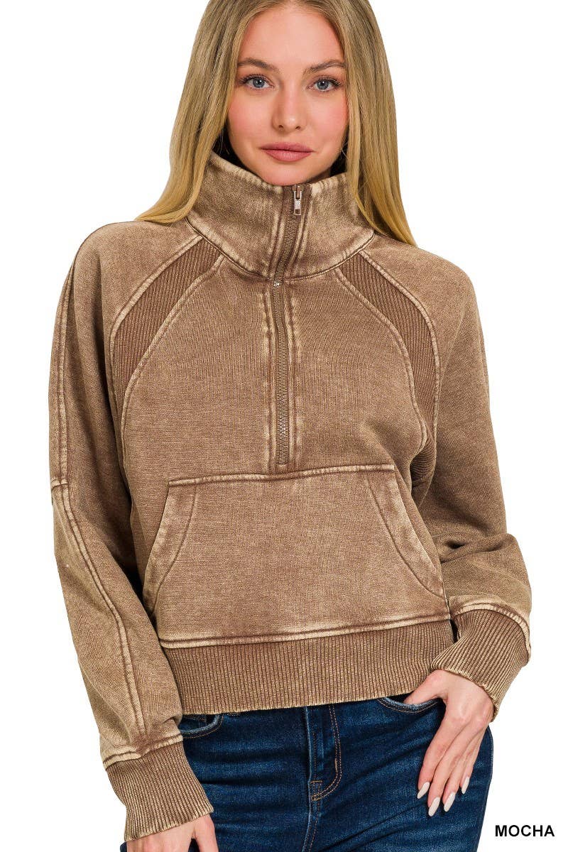 Acid Washed Half Zip Fleece Pullover Kangaroo Pocket: MAUVE / 2-2-2 (S-M-L)