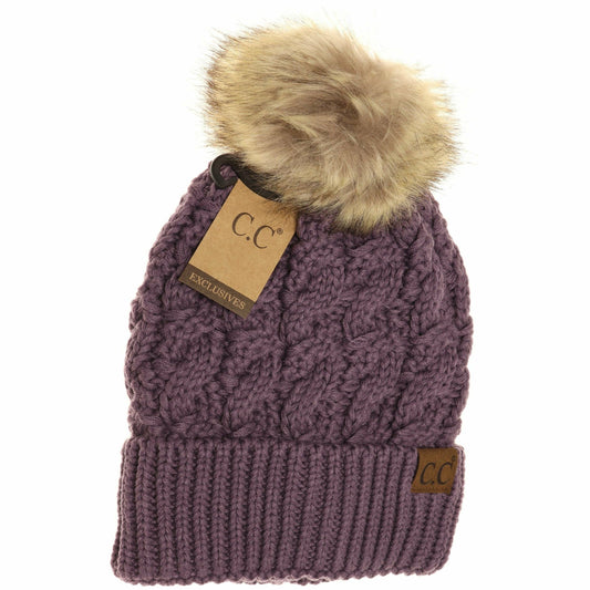 Ribbed Cable Knit Pom Beanie