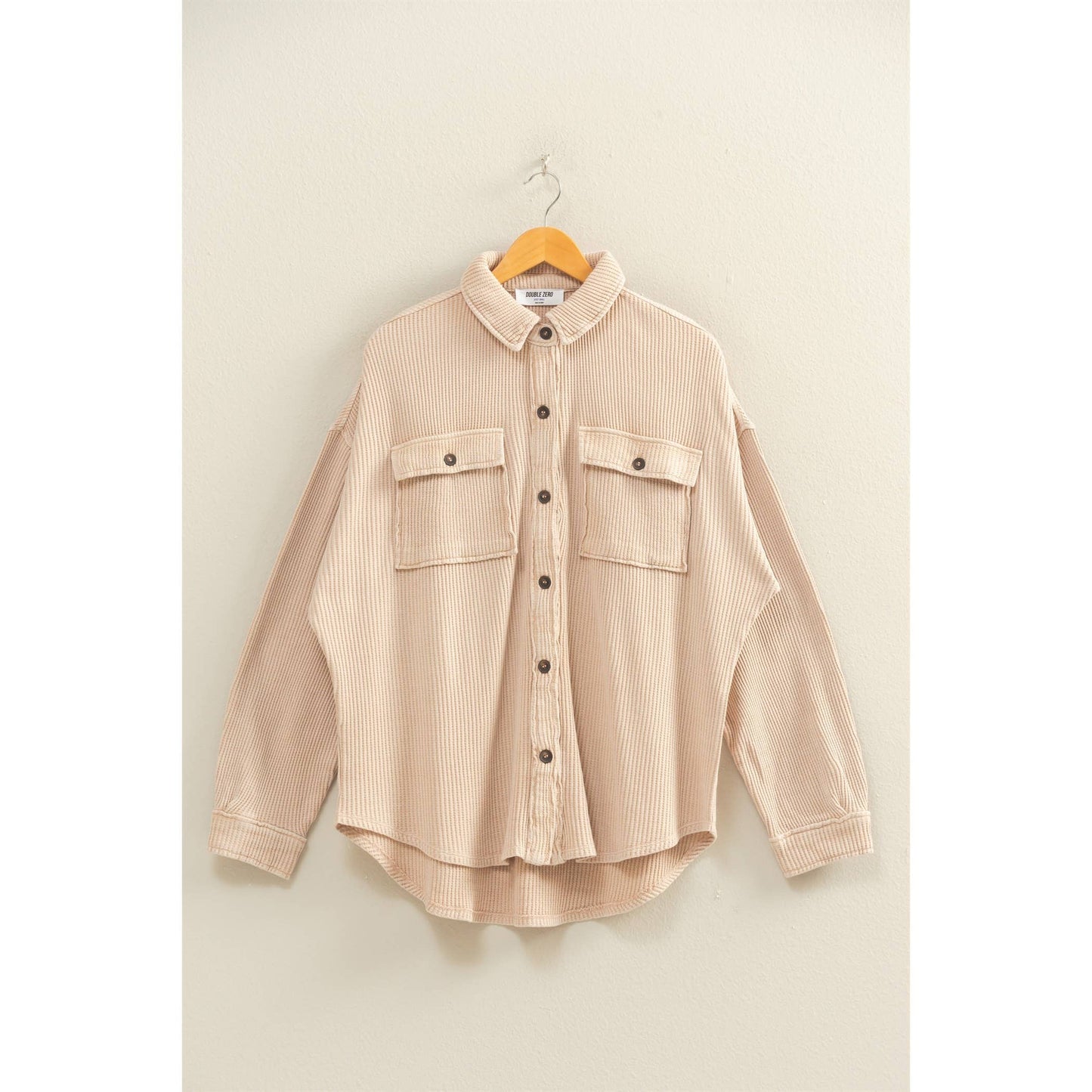 Oversized Mineral Washed Waffle Button Up Shacket: DEEP GREEN / S-M-L(2-2-2)