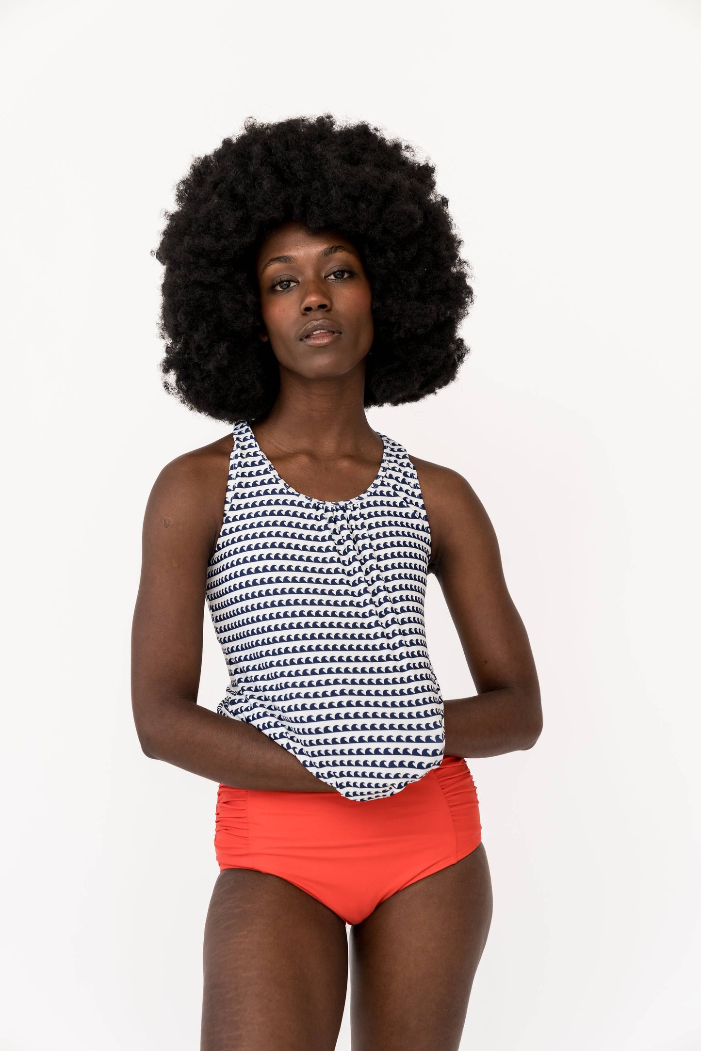 Seaside Navy Long Tankini Top w/ Banded Hem: Small