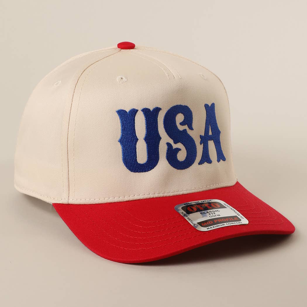 USA Typography Embroidery Two-Tone Trucker Hat : RED/NATL / One Size